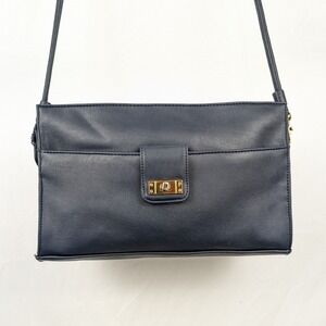 Y2K Navy Blue Leather‎ Crossbody Bag Turn Lock Gold Portofino Austin Designs